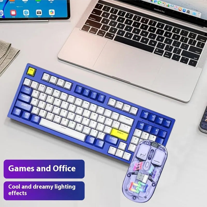 Custom mechanical keyboard and wireless mouse combo with backlight illumination in selected colour option