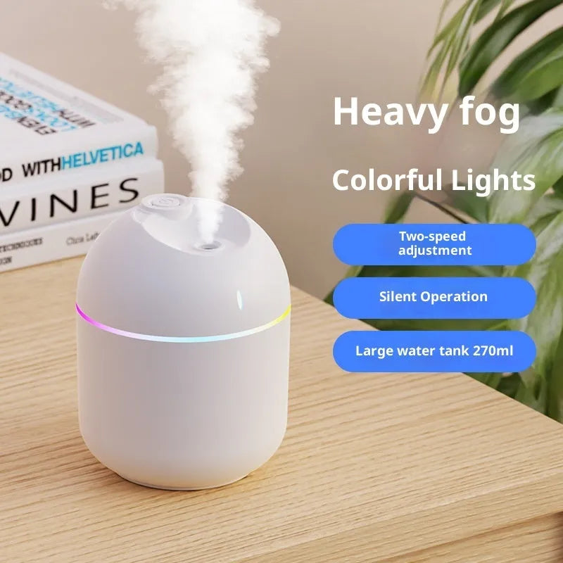 USB water drop humidifier in white, pink, or green with colour light, mute operation, and 2-8 hour timer