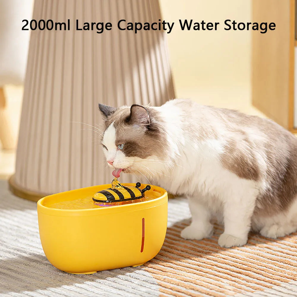 Yellow automatic cat water fountain with filtration system and USB power connection