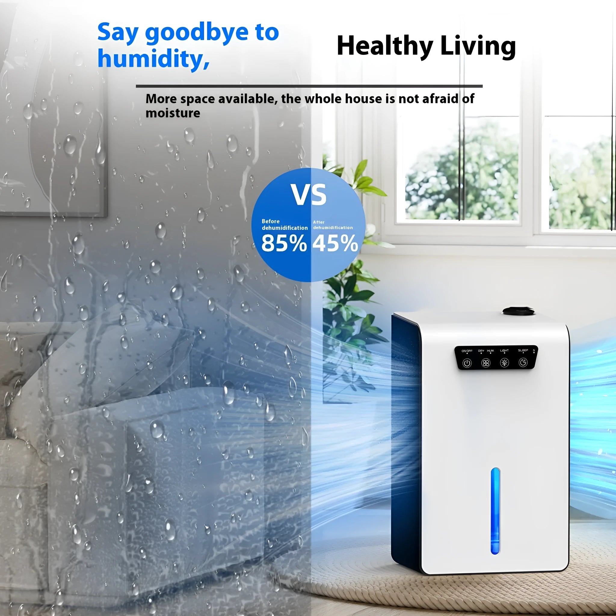 Milky white portable household dehumidifier for 10-20 square metre rooms with 2.6-4.0 litre water reservoir
