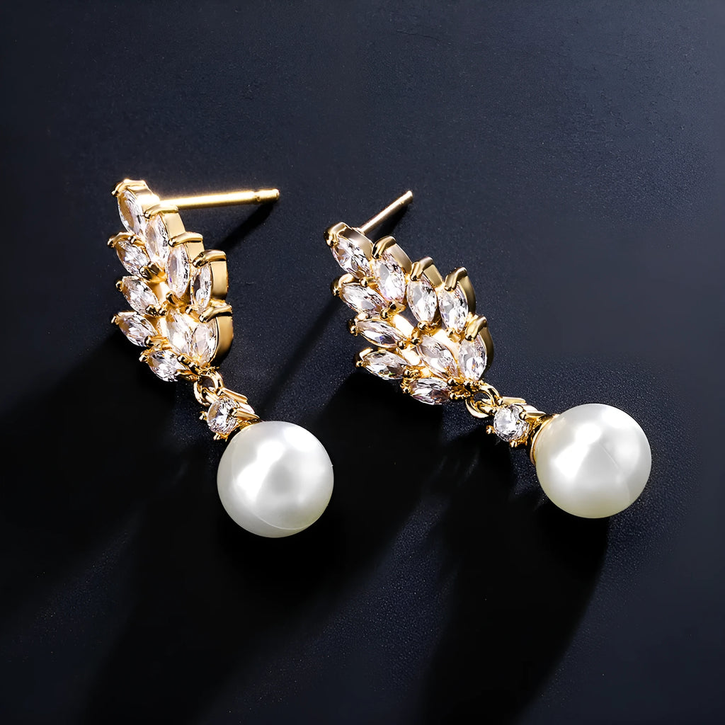 Micro inlaid zircon pearl earrings with geometric floral design in three plating colour options