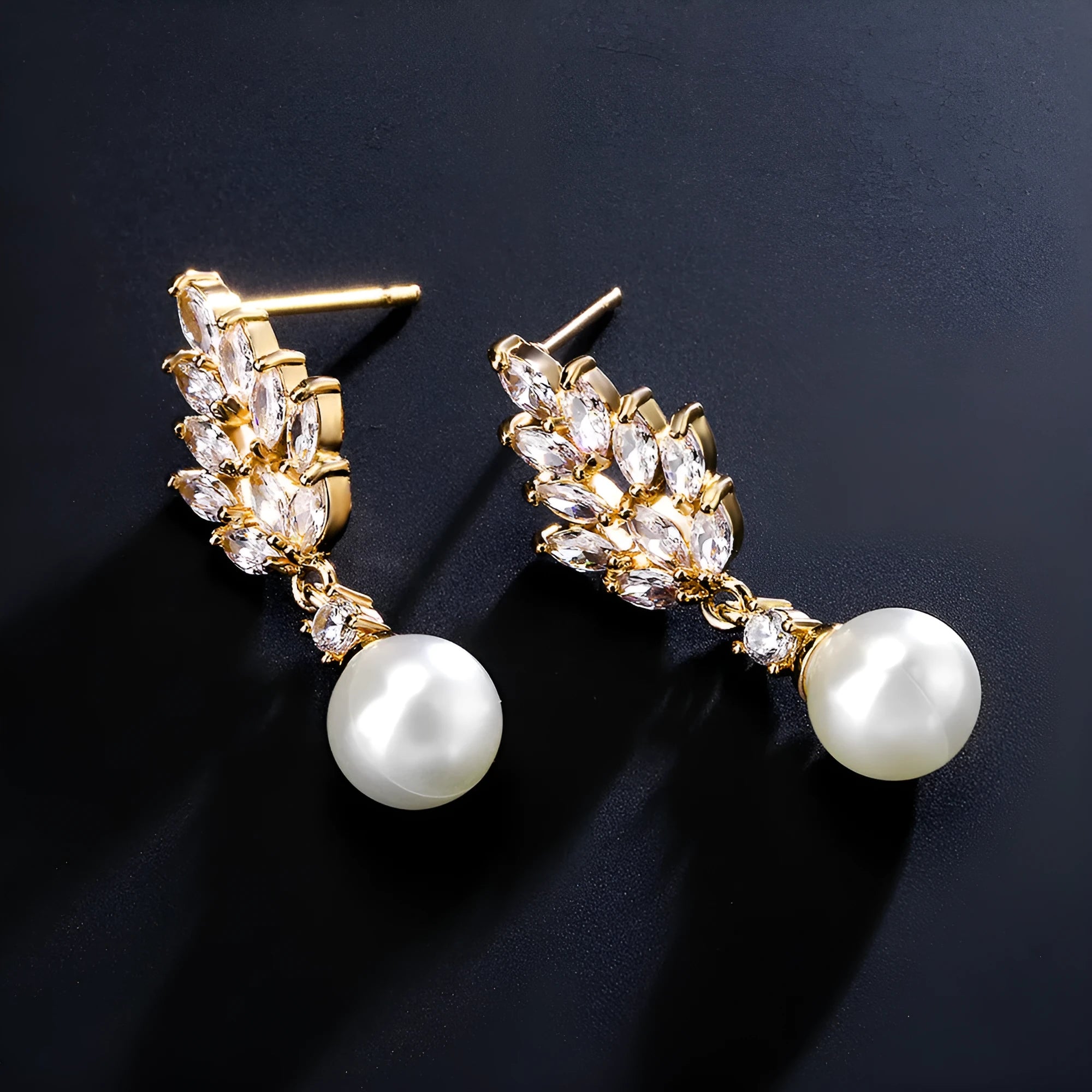 Micro inlaid zircon pearl earrings with geometric floral design in three plating colour options