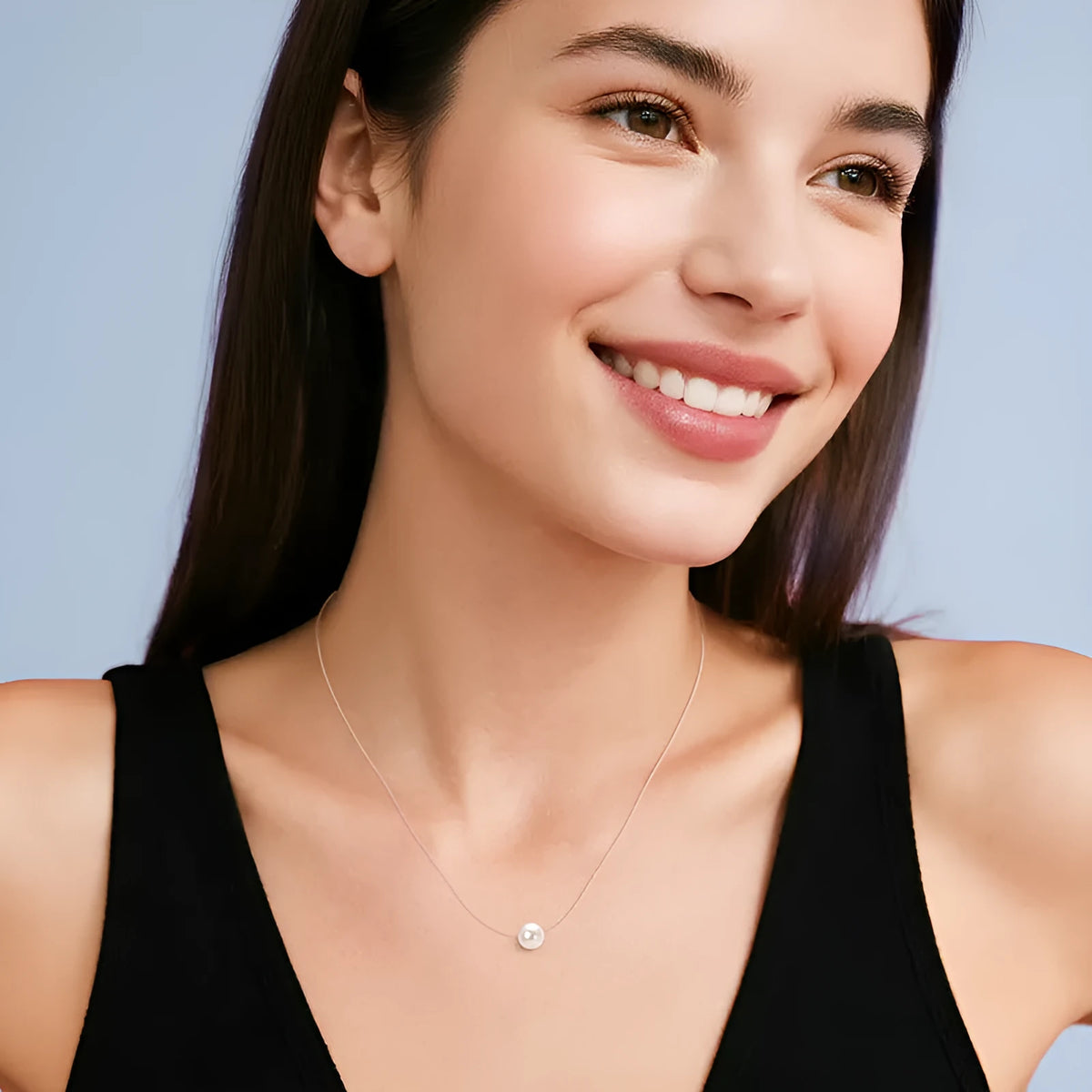 Freshwater pearl clavicle necklace with 925 sterling silver base and round geometric invisible pendant.