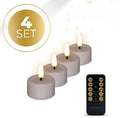 Set of four taupe-coloured pillar-shaped LED tealight candles shown next to a measuring tape indicating 4.1 cm width.