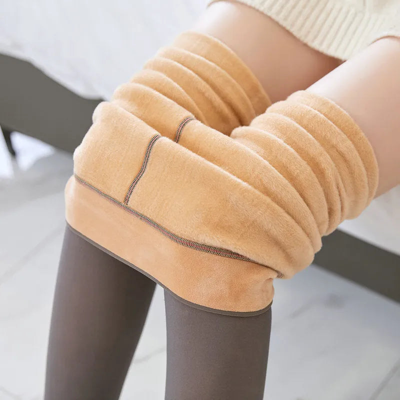 Women wearing fake translucent fleece lined tights in black, with high waist and sheer look
