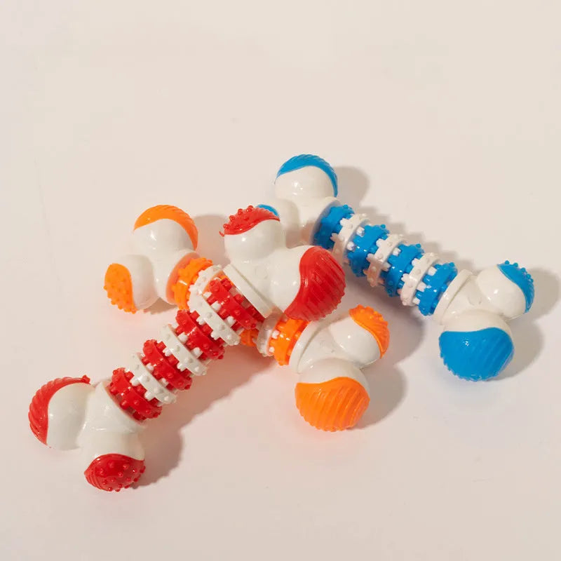 Blue bone-shaped interactive dog toy with chewable ends and central treat compartment for small breed dogs