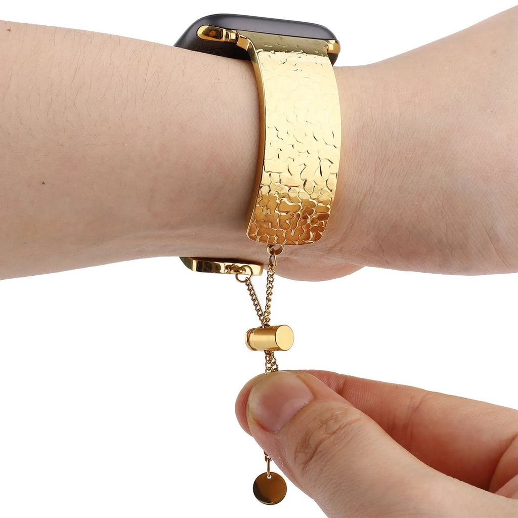 Metal embossed Apple Watch bracelet strap in gold, black, silver, and rose gold for 38/40/41mm and 42/44/45mm cases