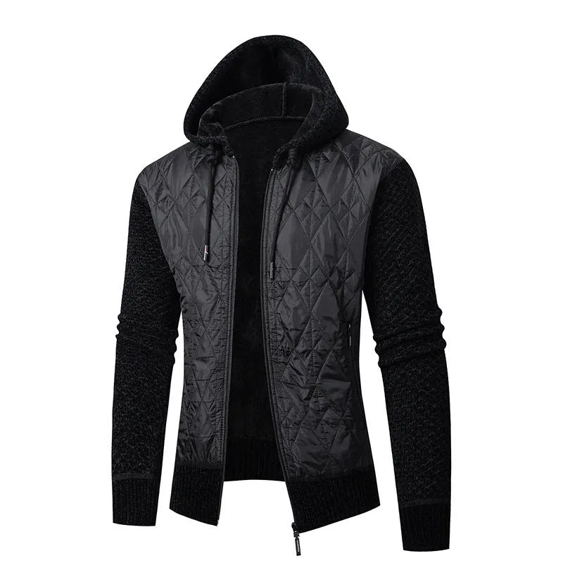 Men's grey hooded corduroy sweater coat with a cinched waist, shown on a hanger.