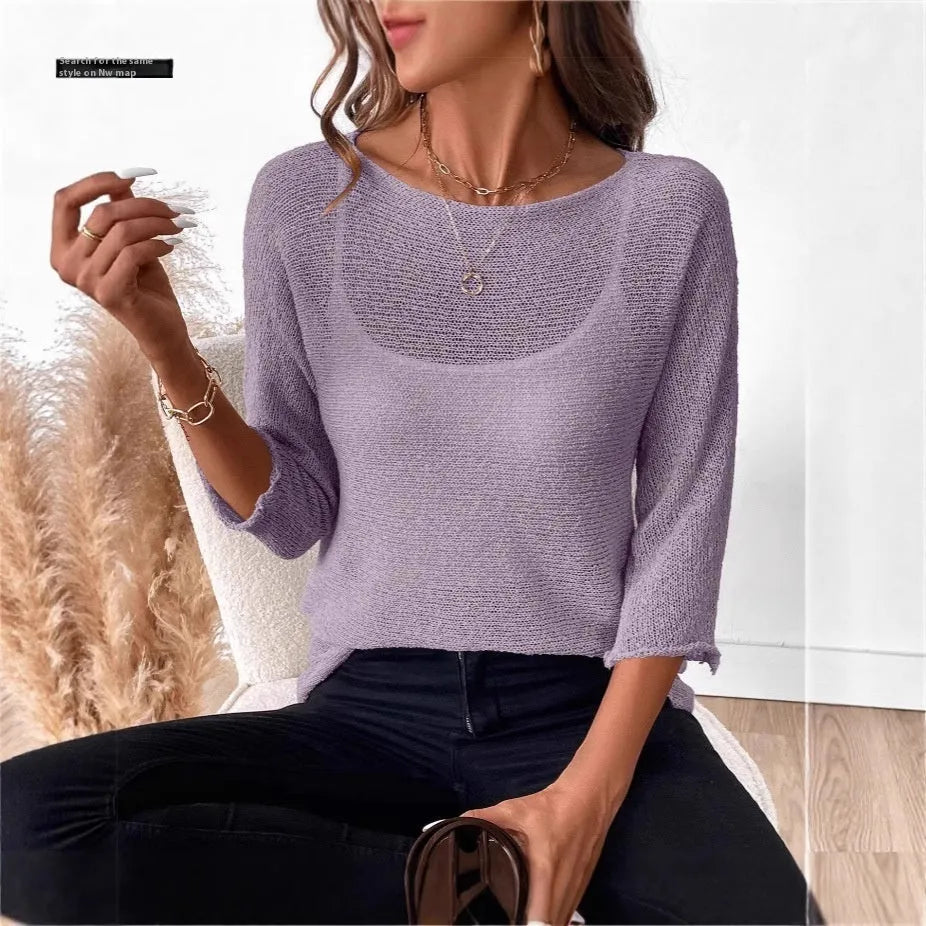 Women's thin knitted off-shoulder overall top with 3D pattern and 3/4 sleeves in matcha colour