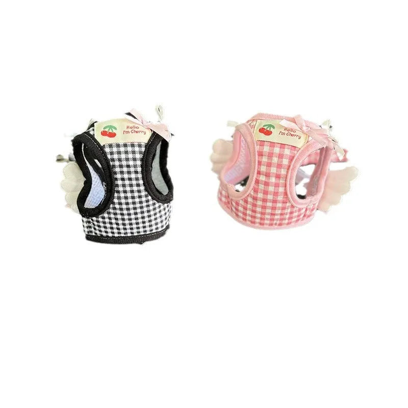 Pink cotton dog harness with chest and back connection points for small breed walking control