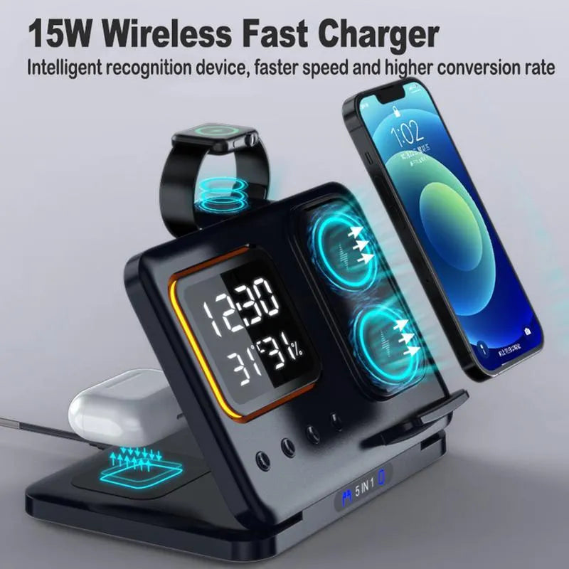 Black and white 15W wireless charging stand with LED digital display showing time, humidity and temperature readings
