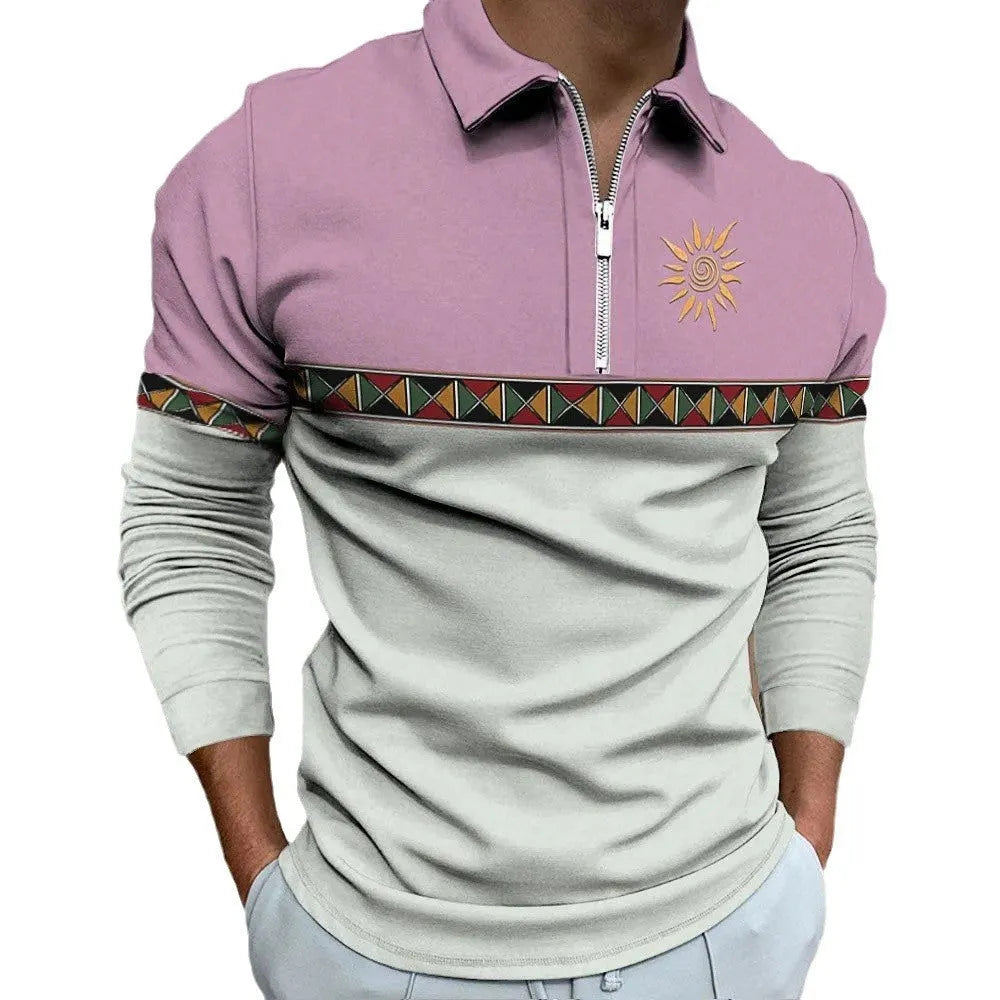 Men's retro colour print golf top with striped pattern and zipper decorations on polyester bird eye cloth