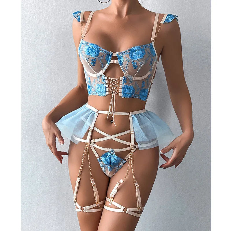 Light blue lace embroidery transparent push up bra set with mesh detailing for women