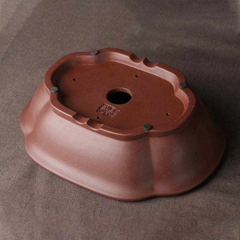 Handmade purple clay bonsai basin in classical Chinese style measuring 25cm long by 20cm wide