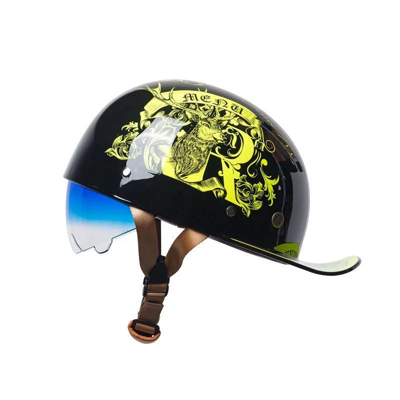 Retro half helmet for electric bicycles with bright black-gradient blue lens