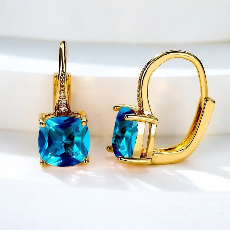 Square zircon inlaid geometric ear hook earrings in copper with multiple colour finish options