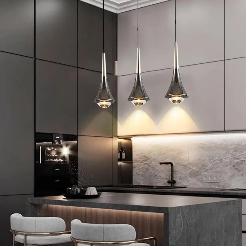 LED bedside chandelier pendant light in French gold shiny black with warm 3000K output for bedroom or dining room