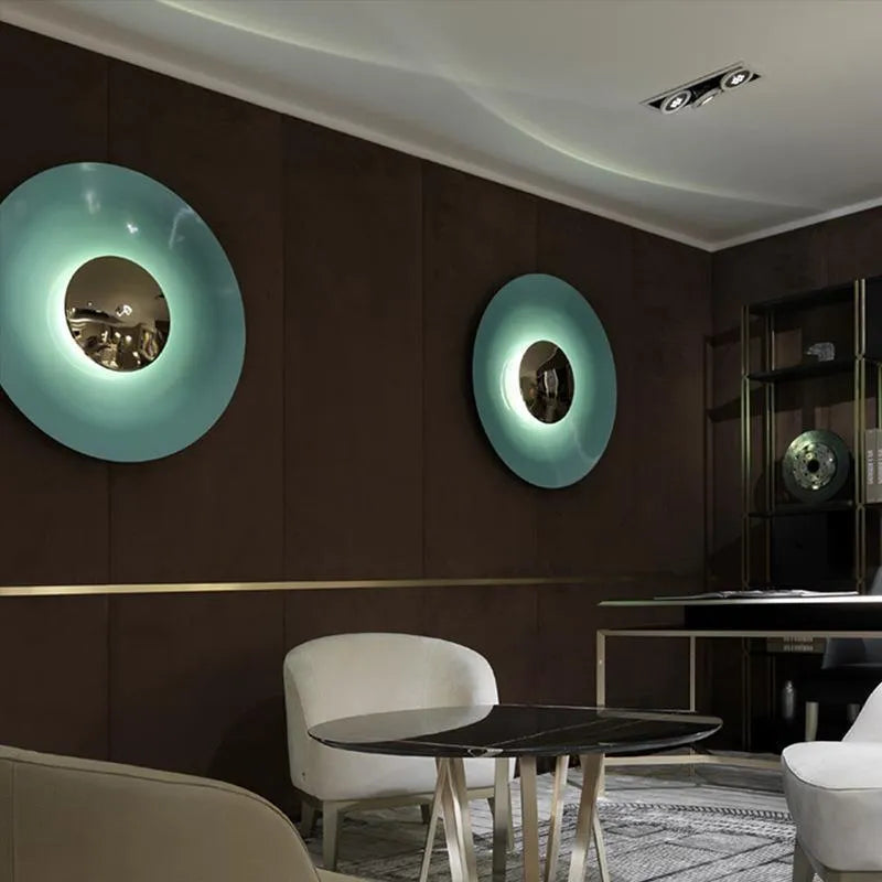 UFO wall lamp with iron shade, LED light source, 220V, available in 30cm to 60cm diameters and four colours.