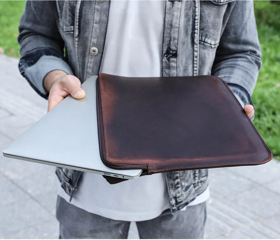 Brown crazy horse leather zipper computer bag for MacBook Pro 15.4 and 16 inch, 390x275x20mm