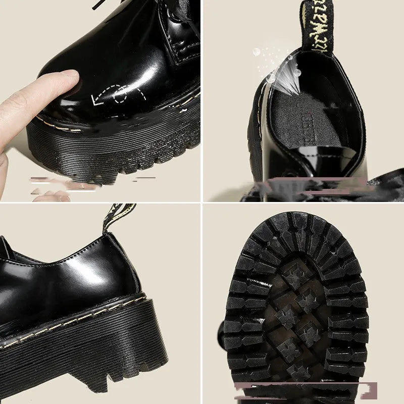 Black thick soled women's lace-up shoes with ribbon and cross strap details on a white background.