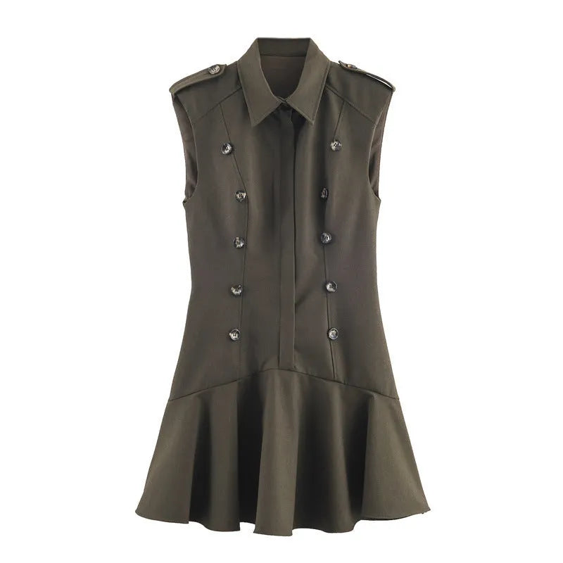 Women's long sleeve padded shoulder short dress with asymmetric stripe/plaid skirt and pleated detailing in nylon fabric