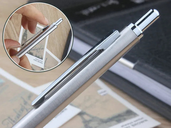 Metal automatic mechanical drafting pencil with multiple lead size options including 0.5mm and 2.0mm.