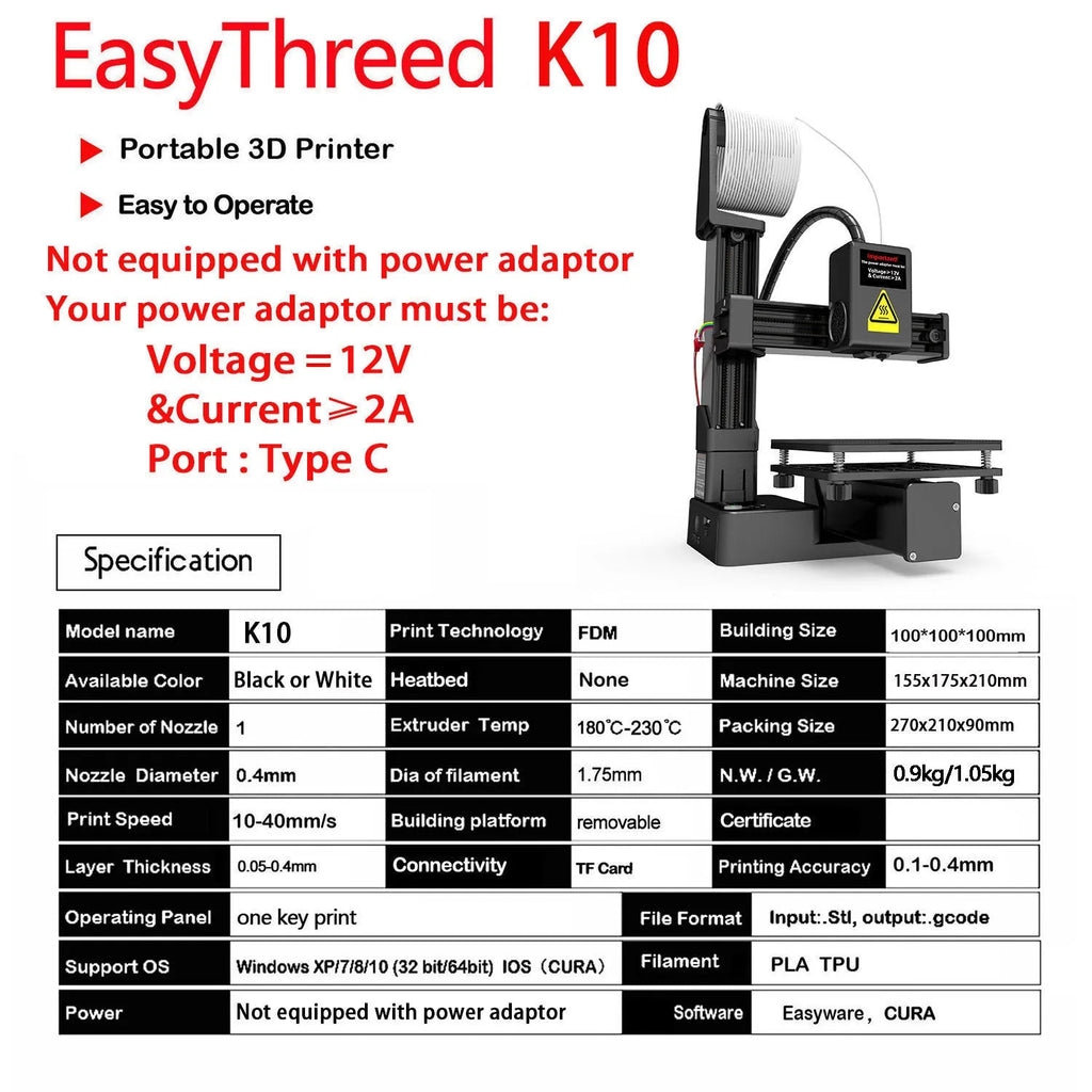 White EasyThreed K10 desktop 3D printer with 175mm build volume for TPU and PLA filament