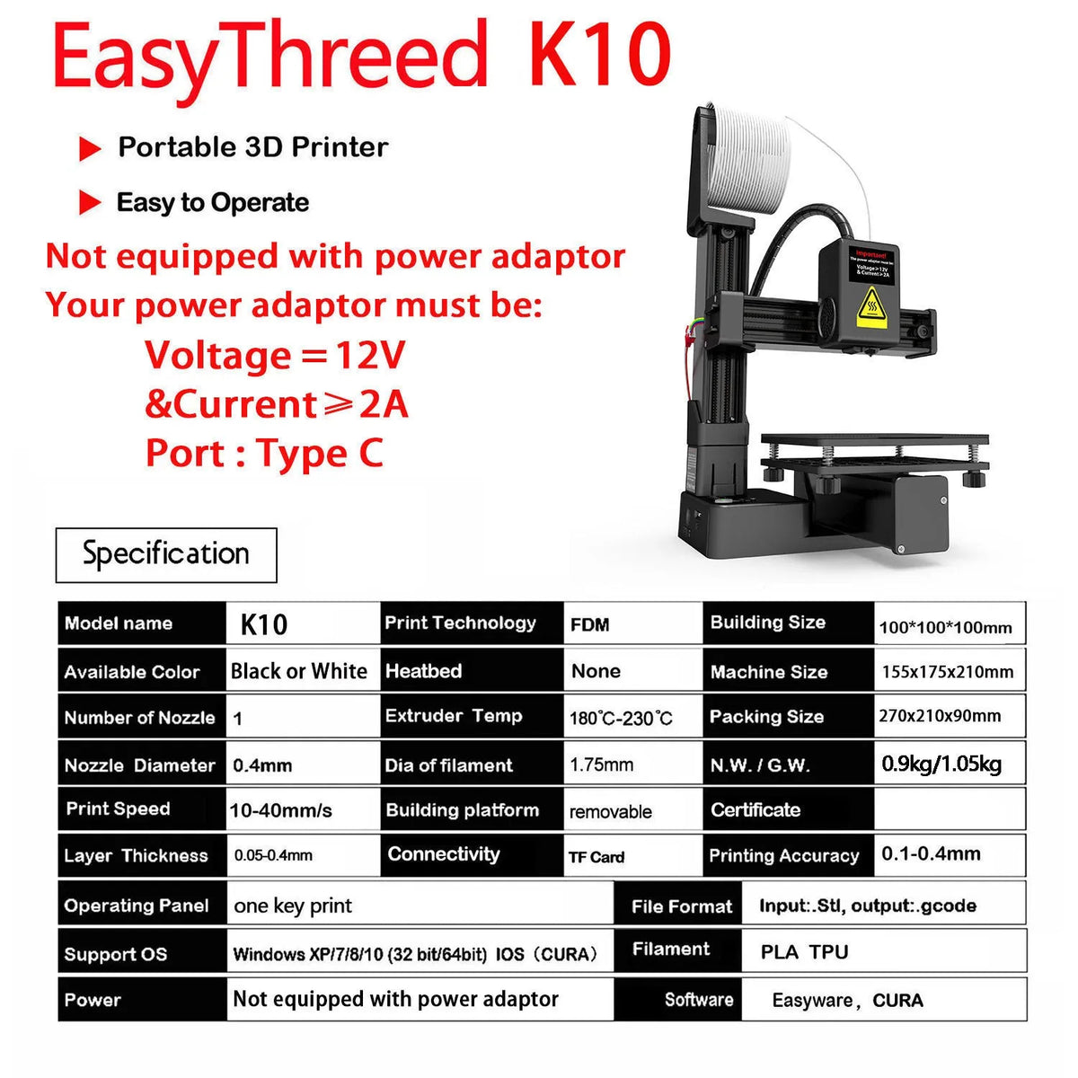 White EasyThreed K10 desktop 3D printer with 175mm build volume for TPU and PLA filament