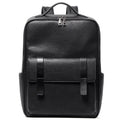 Men's black genuine leather computer backpack with curved back plate showing litchi grain texture and substantial 36-55L capacity.
