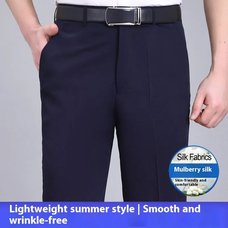 Men's straight-cut non-iron business trousers in a mulberry silk blend fabric on a hanger.