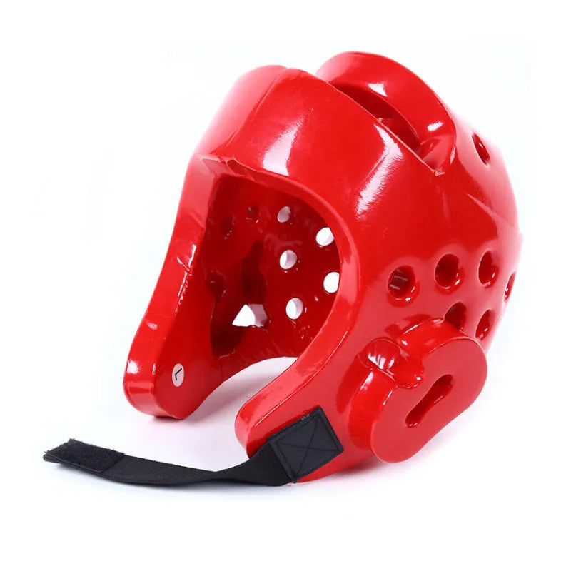 Red and blue karate protective gear set with leg guards, helmet and boxing gloves