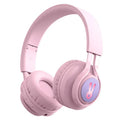 Wireless children's headphones with RGB LED lights in bunny pink colour showing power display