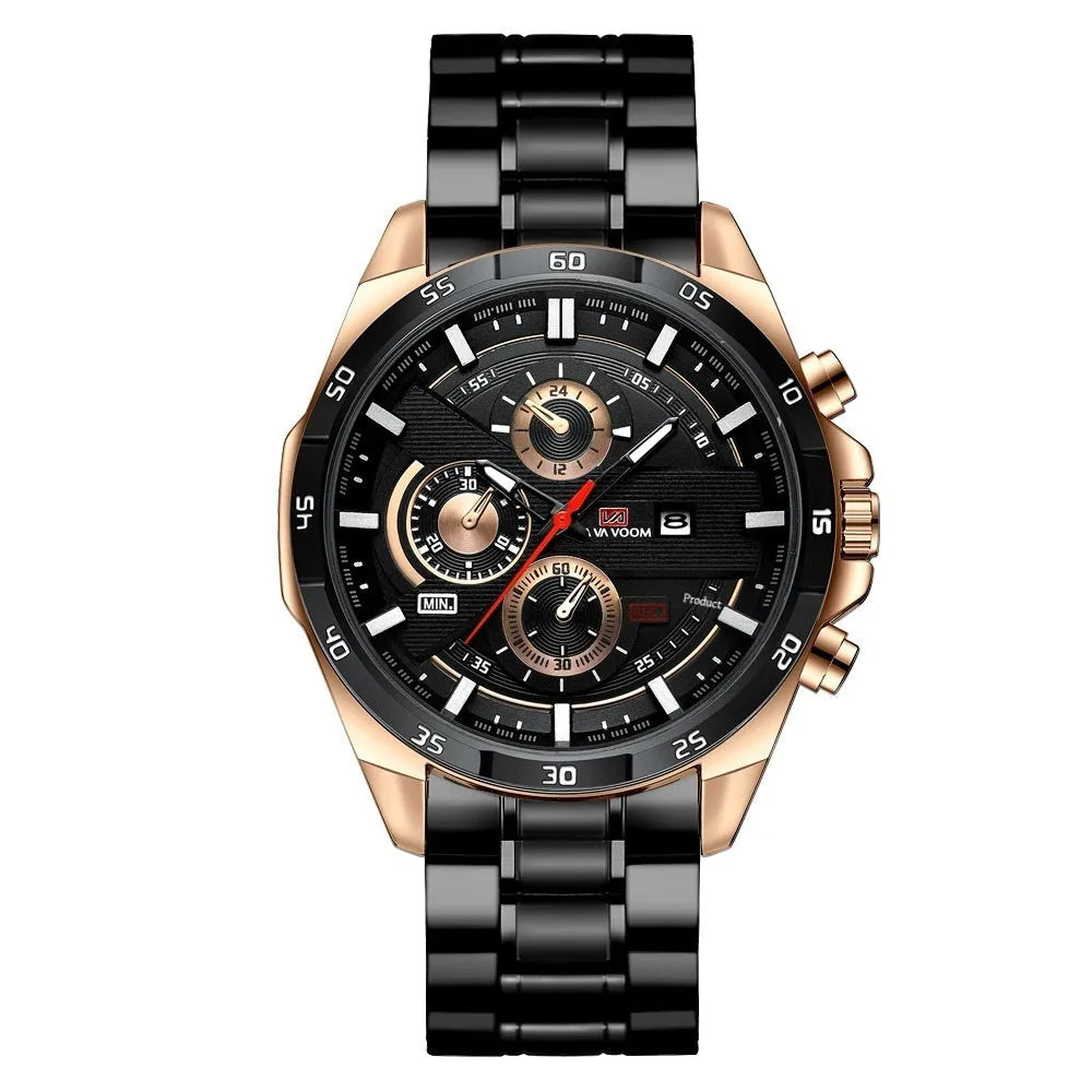 Men's business calendar waterproof quartz watch showing 10mm thickness and colour options
