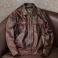 Men's retro pattern PU leather jacket in black with side pockets and loose fit