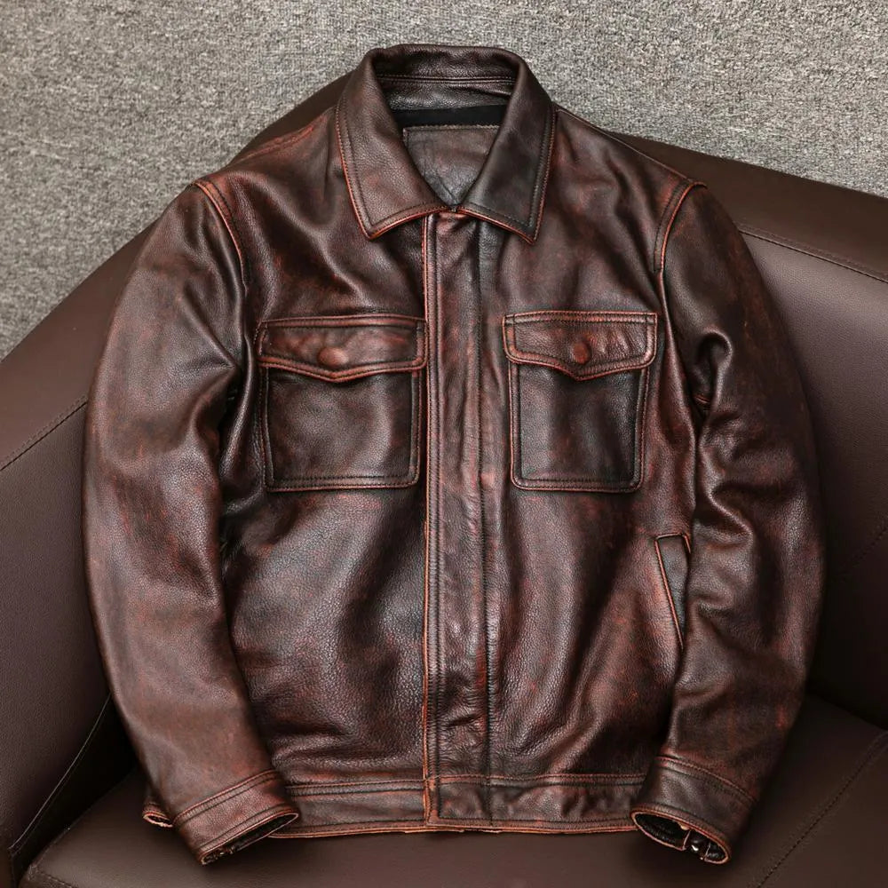 Men's retro pattern PU leather jacket in black with side pockets and loose fit
