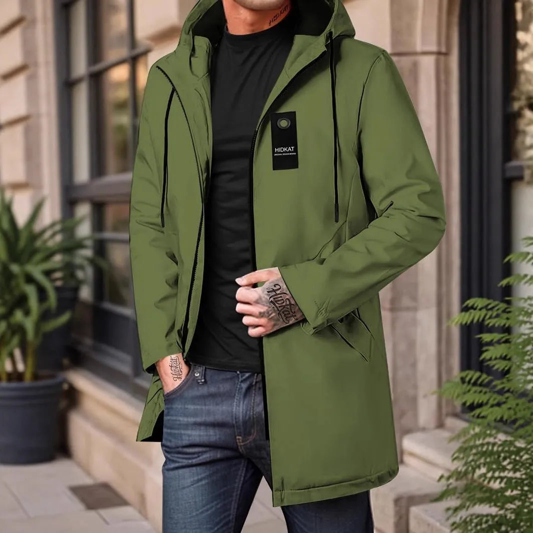 Men's mid-length hooded shell jacket in grey polyester fibre with long sleeves and windproof design