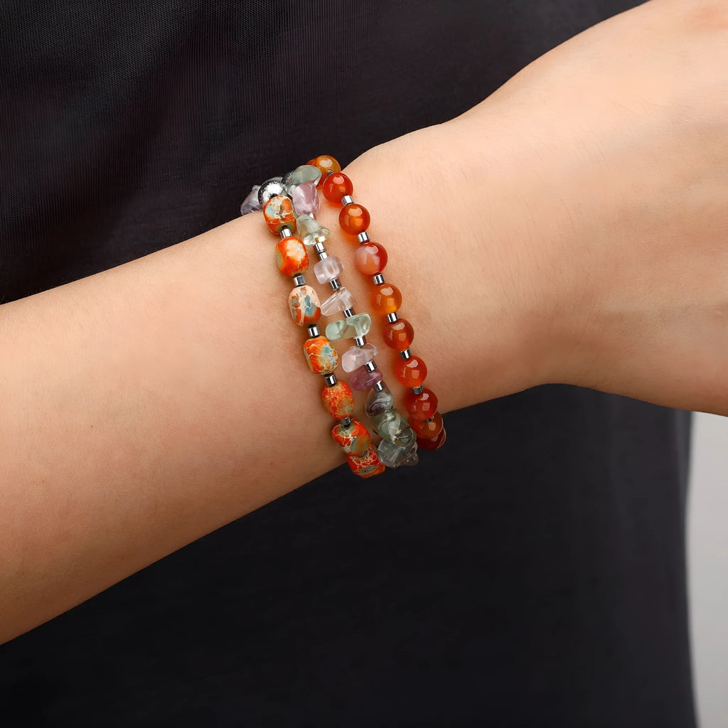 Hand-woven red agate round beads bracelet with Persian Gulf agate and geometry texture design