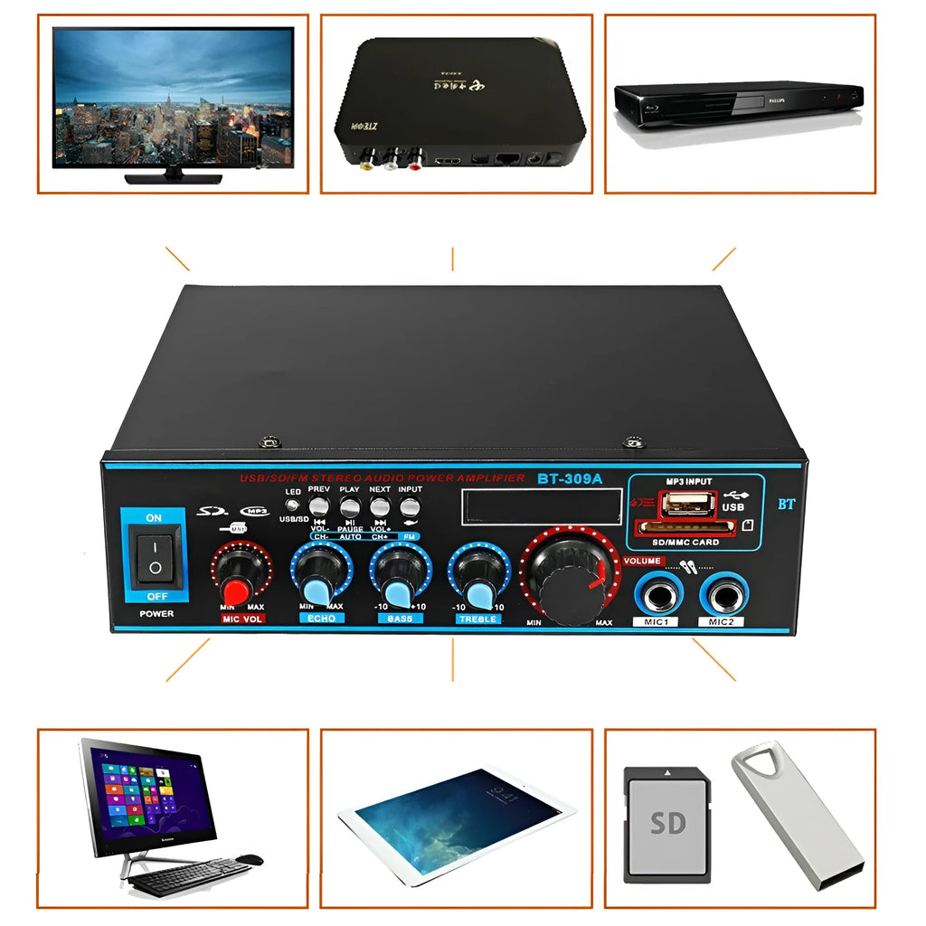 Black BT-309A-A Bluetooth power amplifier with recording function for home and car use
