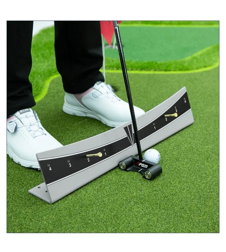 Golf putter trajectory balance simulator with adjustable push rod on PVC base