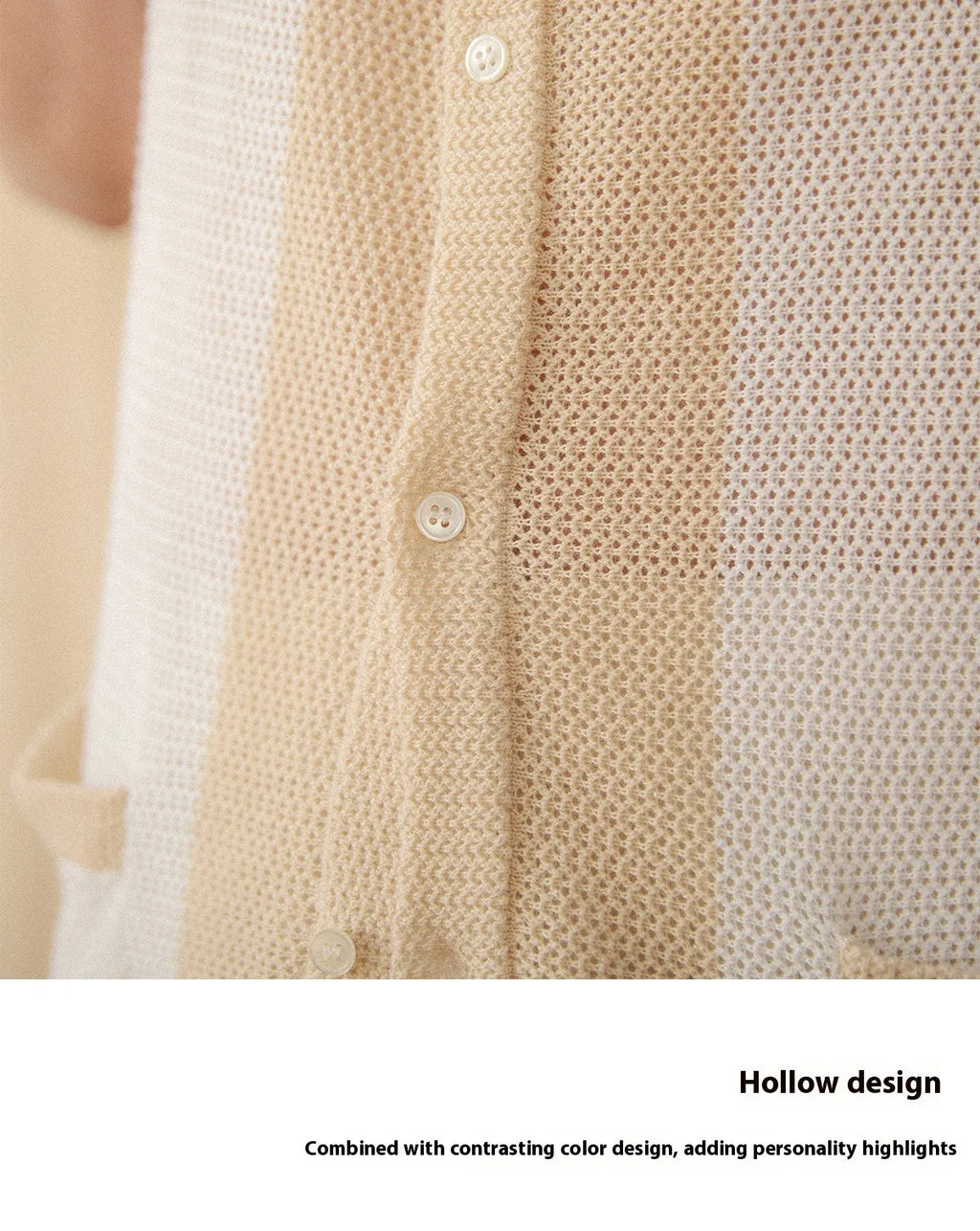 Beige short-sleeved lapel cardigan made from a thin linen and cotton knit fabric.