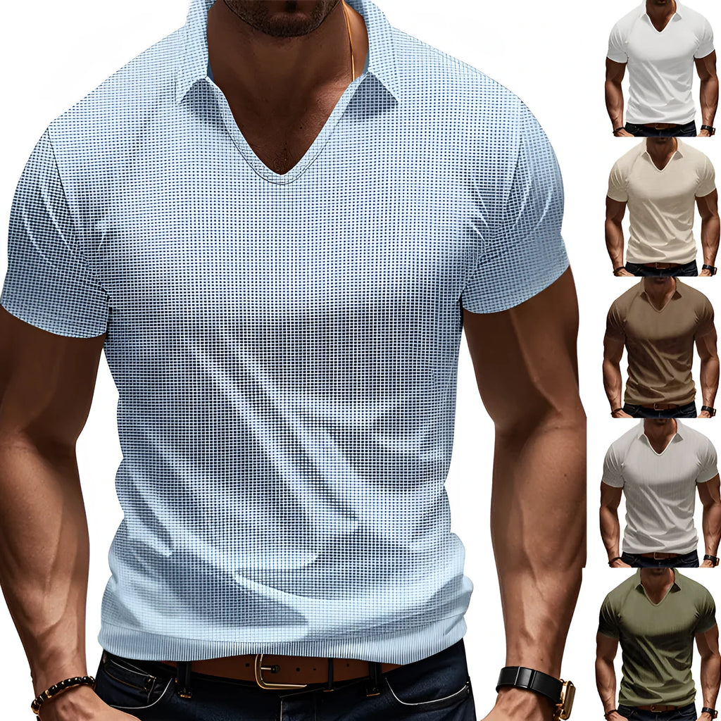 Men's V-neck short sleeve t-shirt in apricot colour with loose casual fit and thin cotton blend fabric