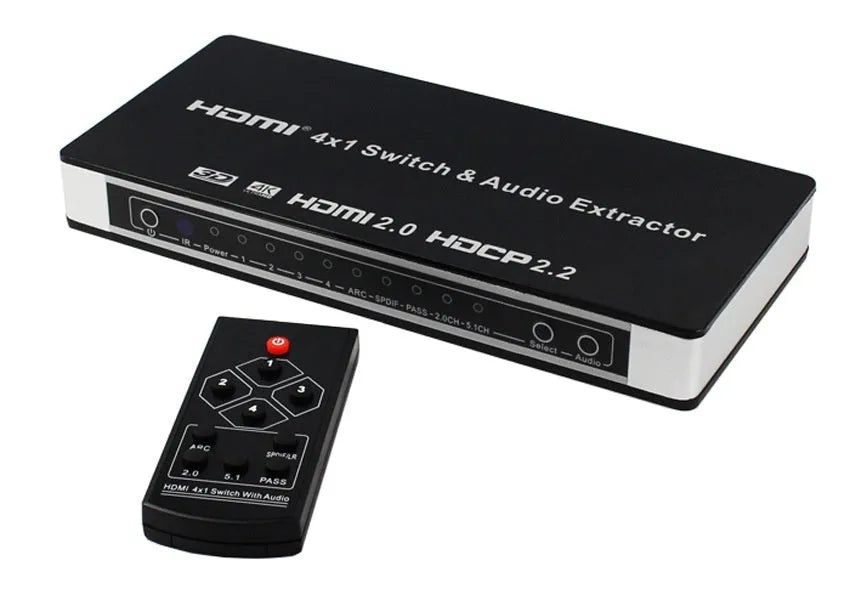 Black HDMI audio switch with 4 input ports and 1 output port, remote control and power adapter