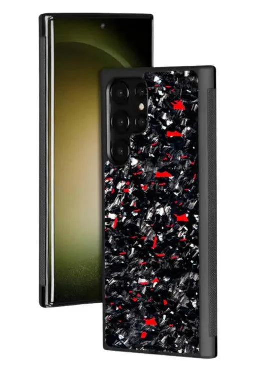 Samsung Galaxy phone case with forged carbon fibre pattern in red, gold, purple, blue, 3K twill or grain finish.