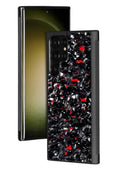 Samsung Galaxy phone case with forged carbon fibre pattern in red, gold, purple, blue, 3K twill or grain finish.