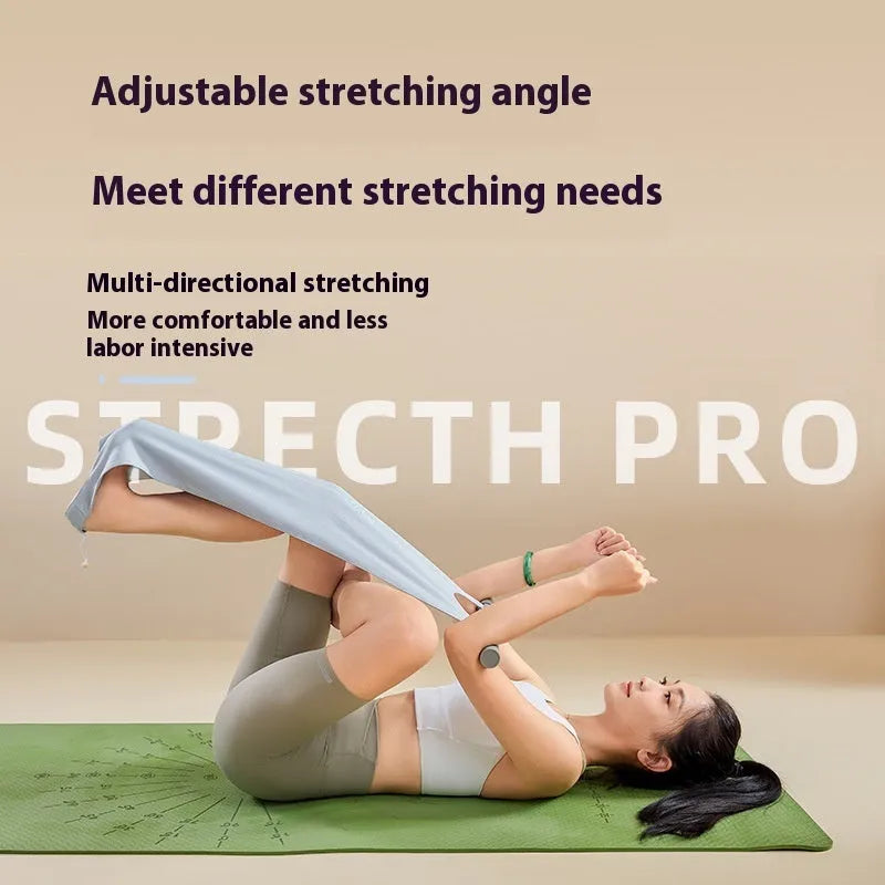 Grey or pink yoga stretching tool for shoulder, back, and hip flexibility exercises.