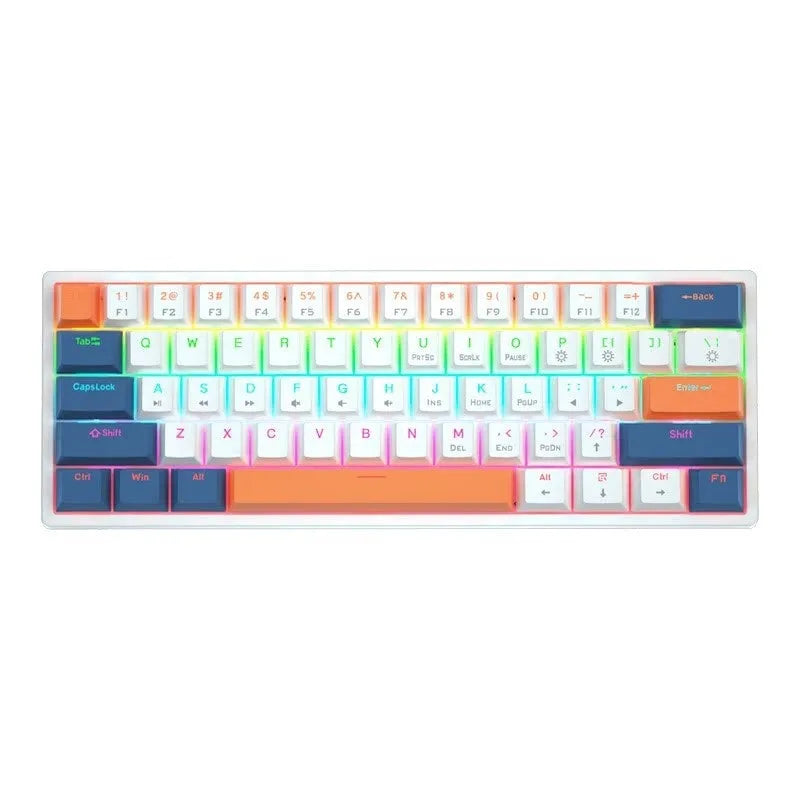 Bluish black 61-key compact mechanical keyboard with hot-swappable sockets and coloured keycaps.