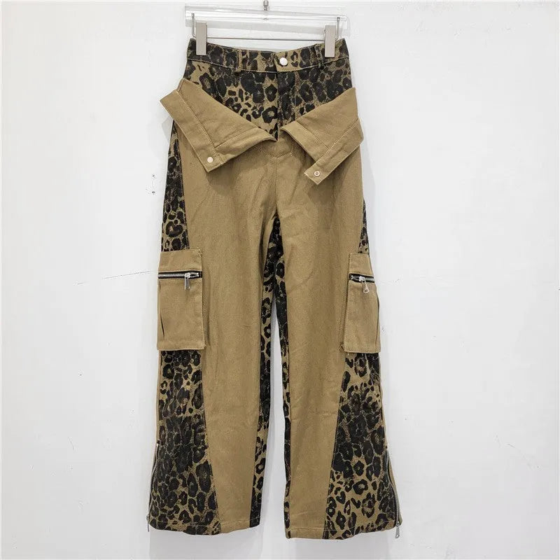 Dark khaki leopard print high waist jeans with fake stitching detail and straight leg cut