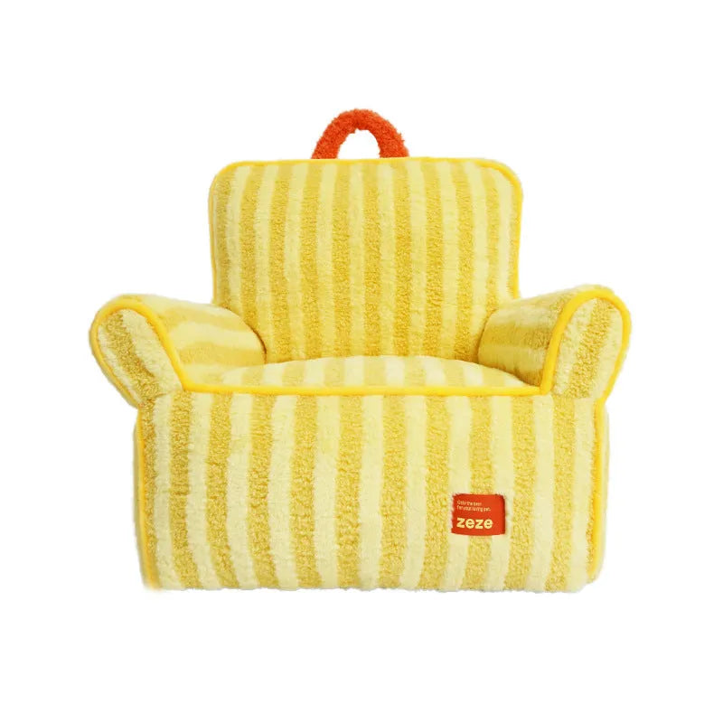 Striped soft velvet pet bed with removable cover in orange, purple, and yellow colour options