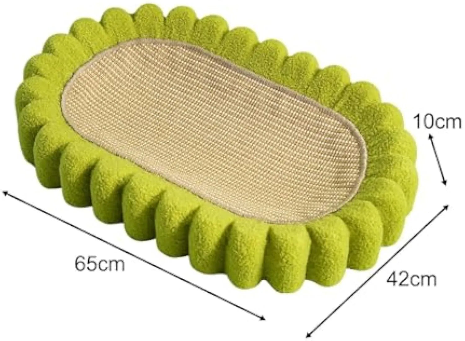 Green oval sisal cat scratcher pad bed measuring 650mm by 420mm
