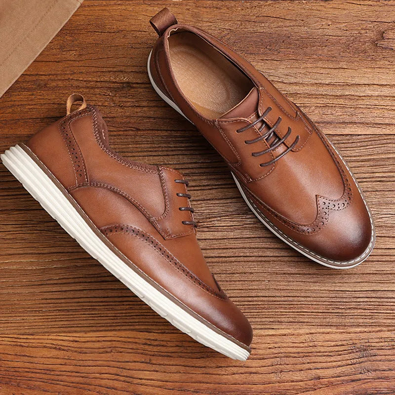 Men's black and brown slip-on business casual shoes with round toe and low-top design